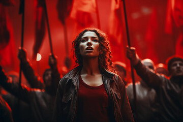 A young lady leading a revolt with her team. Generative AI