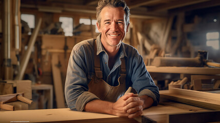 Artisan woodwork studio with shelving holding pieces of wood, with a carpenter standing in his workshop.Created with Generative AI technology.