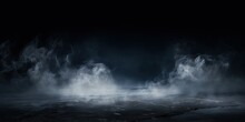 Mystical Mist. Swirling Smoke In Dark And Light Symphony. Fluid Fantasia. Abstract Dance Of Fog And Light On Floor With Black Background