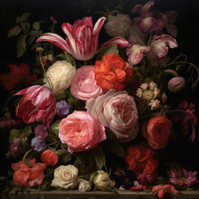 Old-fashioned Style Painting Of Summer Flowers Of Roses, Tulips And Peony On A Dark Dramatic Background
