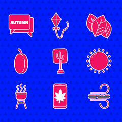 Wall Mural - Set Tree, Leaf on mobile phone, Wind, Sun, Barbecue grill, Plum fruit, or leaves and Speech bubble with text autumn icon. Vector