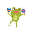 Cute green frog playing maracas, funny animal holding Mexican shaker to play music rhythm