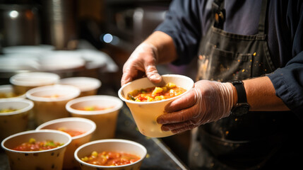 Food for charity. A volunteer prepares food for charity.