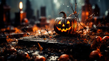 Halloween Pumpkin Head Jack-o-lantern On Spooky Graveyard. Halloween Concept.