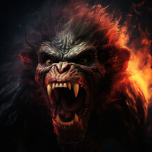 Image Of Angry Demon Monkey Terrifying And Flames On Dark Background. Wildlife Animals. Illustration, Generative AI.