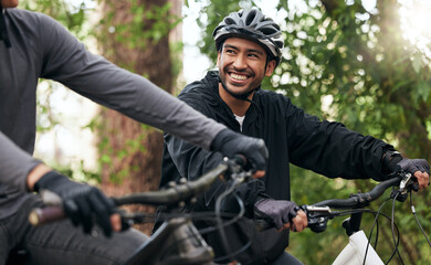 Poster - Bike, happy and cycling with friends in nature for fitness, health and partnership. Teamwork, motivation and sports adventure with men training in forest for wellness, workout and freedom together