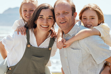 Sticker - Family, portrait and happy on vacation at beach, bonding and funny laugh together. Face, children and mother with father at ocean, smile and having fun to travel on summer holiday outdoor at sea.