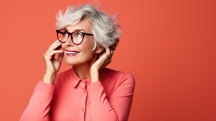 Wall Mural - Senior woman wearing casual clothes pointing with hand and finger to the side looking at the camera.