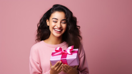 Wall Mural - Happy smiling woman holding gift box over pink background