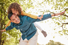 Nature, Fly And Happy Child, Father And Piggyback Ride For Fun Outdoor Games, Fathers Day Bonding And Quality Time Together. Woods, Park And Family Dad, Kid And Playing With Love, Support And Care