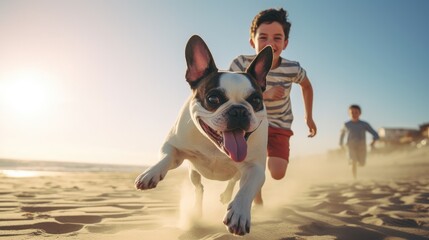 Happy children running alongside their French Bulldog along the sunlit beach coast