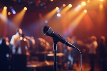 Closeup Shot Of Isolated Microphone Stand Against The Background Of A Small Concert Venue, Show Program Cover, New Year Concert Program Cover