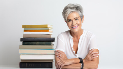 Wall Mural - Middle-aged woman sits on a gray background next to stacks of books