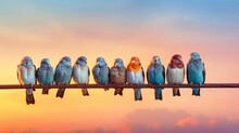 Birds Perched On A Wire At Dusk
