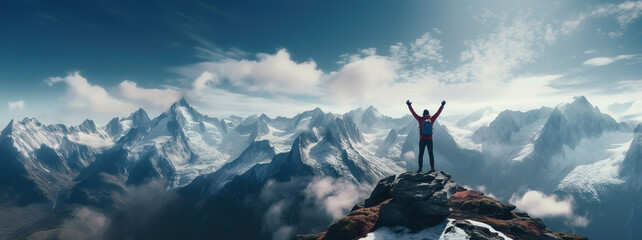 man on a mountain top with arms up in triumph facing a stunning alpine panoramic view. great metapho