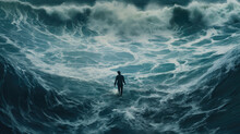A Man Walking Through The Water With The Waves Parted.