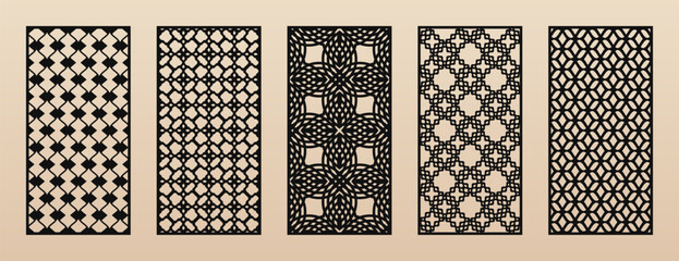 Aufkleber - Decorative panels for CNC, laser cutting. Vector set of elegant patterns with abstract geometric grid, mesh, lattice, net, wavy lines. Laser cut templates for wood, metal, plastic. Aspect ratio 1:2