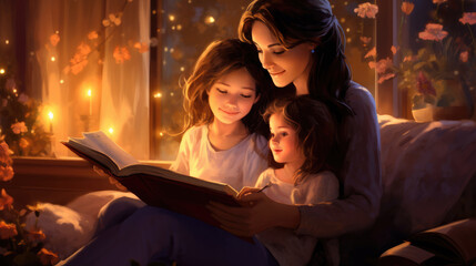 Happy family mother and daughter read a book in the evening at home