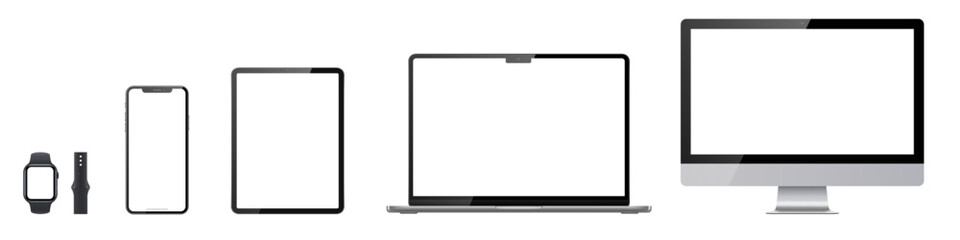 Wall Mural - Set of computer, laptop, phone, tablet and watch on transparent background with transparent screen. Vector illustration. Devices with blank screens.