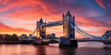 Panorama From The Tower Bridge To The Tower Of London, United Kingdom, During Sunset