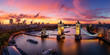 Panorama from the Tower Bridge to the Tower of London, United Kingdom, during sunset