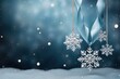 Hanging beautiful decorations in the form of snowflakes. Blue snow background. Empty space for product placement or promotional text.