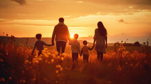 Happy And Fun Family: Mother, Father, Children Son And Daughter On Nature On Sunset