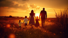 Happy And Fun Family: Mother, Father, Children Son And Daughter On Nature On Sunset