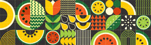 Geometric Poster With Fresh Autumn WATERMELONS Cut Into Pieces. Simple Forms. Scandinavian Style. A Minimalistic Illustration Of A Watermelon On A Black Background.