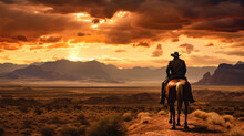 Cowboy Riding Horse In A Western-style Desert Landscape With Rolling Hills And Warm Sunset
