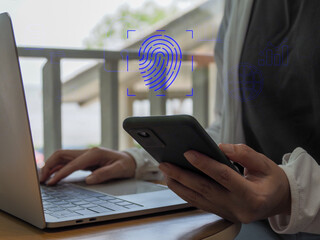 Wall Mural - cyber security, businessman using fingerprint scan user authentication for protection of personal an