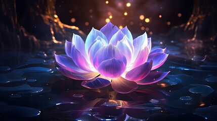 Magic lotus flower with shiny transparent leaves in mysterious esoteric scene