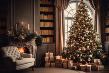 Beautiful holiday decorated room with Christmas tree with presents under it, Merry Christmas Holiday concept. Beautiful decorated living room