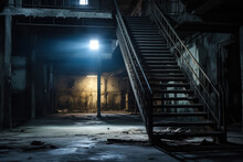 Empty Basement In Abandoned Old Industrial Building With Little Light And A Wooden Stairs
