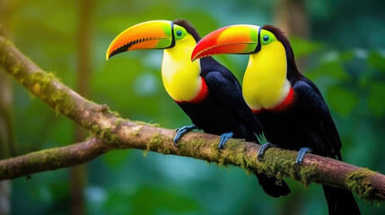 toucan sitting on the branch in the forest