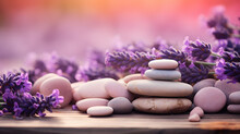 Stones And Lavenders On Wooden Desk On Background Of Lavender Field. Spa Still Life In Pastel Colors