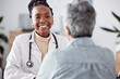 © Talia Mdlungu/peopleimages.com - Happy, black woman or doctor consulting a patient in meeting in hospital for healthcare feedback or support. Smile, medical or nurse with a mature person talking or speaking of test results or advice