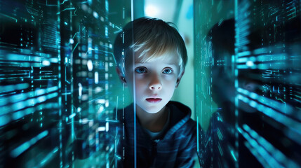 Generative AI, the child looks at the holographic transparent 3D screen of the future, the boy is a programmer in virtual reality, artificial intelligence, computer technology, neon, space for text