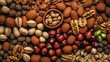 Realistic photo of different kind of nuts. top view nuts scenery