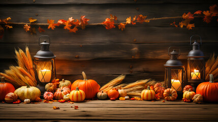 Pumpkins with fall leaves over wooden background.