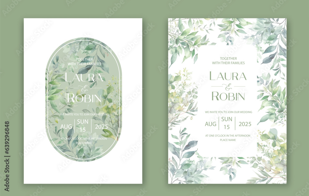 Green watercolor botanical leaves Wedding Invitation Card Design ...