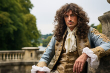 Man With Long Curly Hair Dressed Like Louis XIV The Former French King With 17th Century Clothing And Renaissance Castle In Background