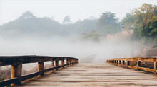 Decayed Old Wooden Bridge In A Rural Village Humidity Of The Air There Is A White Fog In The Morning.
