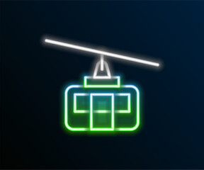 Sticker - Glowing neon line Cable car icon isolated on black background. Funicular sign. Colorful outline concept. Vector