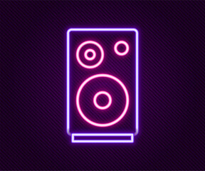 Canvas Print - Glowing neon line Stereo speaker icon isolated on black background. Sound system speakers. Music icon. Musical column speaker bass equipment. Colorful outline concept. Vector