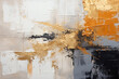 Ölmalerei mit abstrakten haptischen dynamischen Linien und von Pinselstrichen und plakativen Farbspachtelauftrag in Weiß, Gold und Schwarz auf Leinwand als Hintergrundtextur.