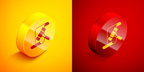 Poster - Isometric Auction hammer icon isolated on orange and red background. Gavel - hammer of judge or auctioneer. Bidding process, deal done. Auction bidding. Circle button. Vector