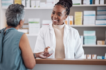 Canvas Print - Pharmacist, pharmacy and customer for medicine service, healthcare advice and clinic solution or support by counter. African doctor, women or medical people with box of pills, product or retail drugs