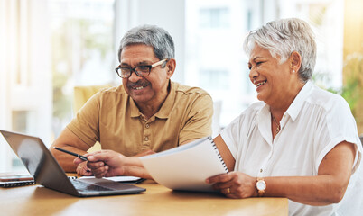 Poster - Document, budget and elderly couple on laptop, happy and financial planning of savings at home. Smile, computer and man and woman on loan paperwork, investment in pension or mortgage in retirement