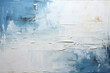 Ölmalerei mit abstrakten haptischen dynamischen Linien von Pinselstrichen und Farbspachtelauftrag in Weiß, Hellblau, Beige und Schwarz auf Leinwand als winterliche Hintergrundtextur. 